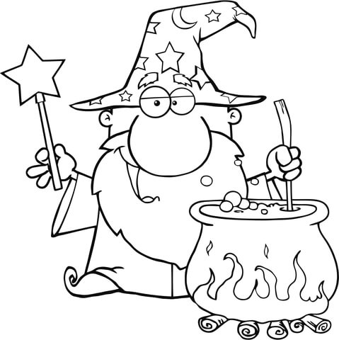 Wizard Waving with Magic Wand and Preparing a Potion Coloring page