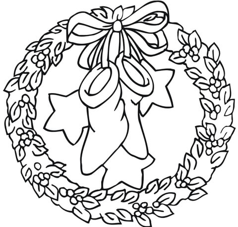 Wreath with Bow Holding Stockings and Stars Coloring page