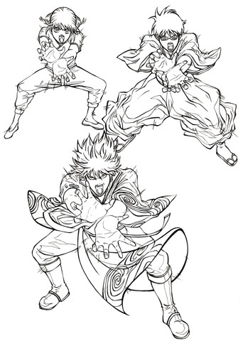 Kagura, Shimura shinpachi and Sakata Gintoki (Kintoki XD) from Manga Gin Tama Coloring page