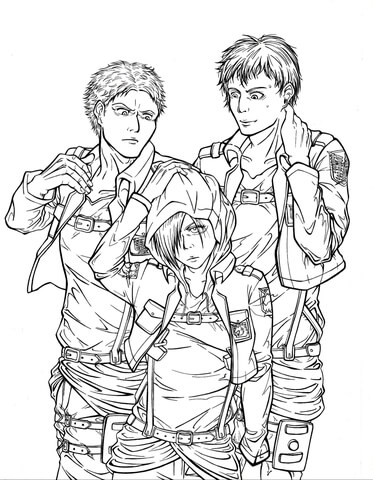 Annie Leonhardt (Lady in the middle), Reiner Braun, Bertholdt Fubar (Hoover) from Manga Shingeki no Kyojin Coloring page