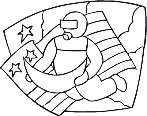 Astronaut, Moon and American Flag Coloring page