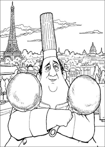 Auguste Gusteau with two pans and a beautiful Parisian view on the Eiffel Tower behind.  Coloring page