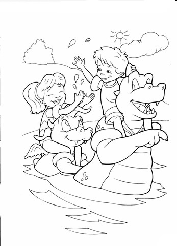 Bathing In The Lake with dragons Coloring page