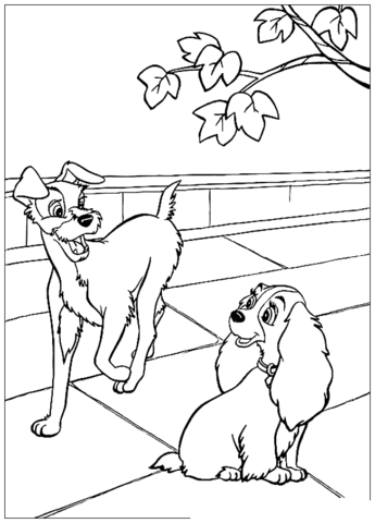 The Tramp and Lady are Chatting Under The Tree Coloring page