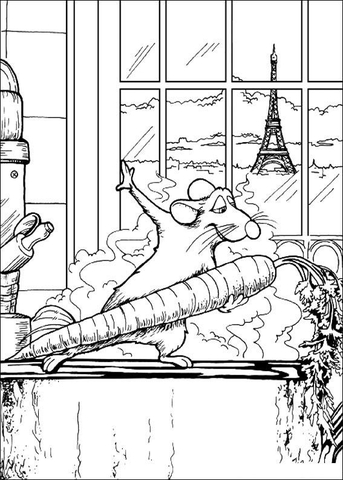 Remy is dancing with carrot. The best view of the Eiffel Tower is in the window.  Coloring page