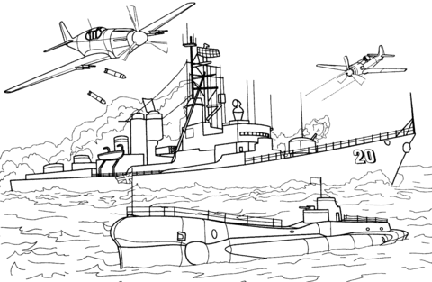 Charles F. Adams-class destroyer is under attack Coloring page