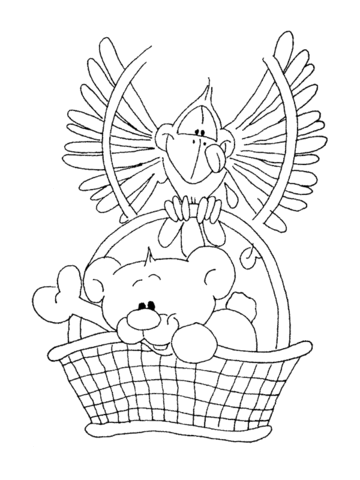 Pimboli is flying in the basket With A Bird  Coloring page