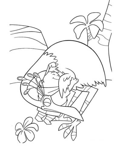 Happy Russell With a giant bird Coloring page