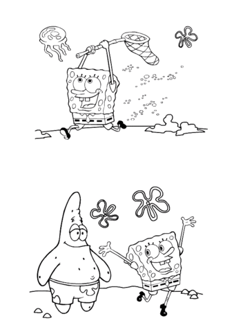 SpongeBob is catching a jellyfish  Coloring page