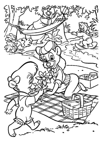 Rebecca, Kit, and Baloo are picnicking Coloring page