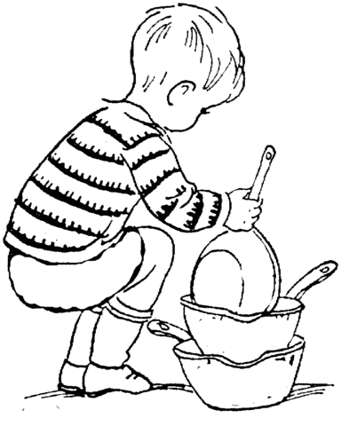 A child is organizing the dishes  Coloring page