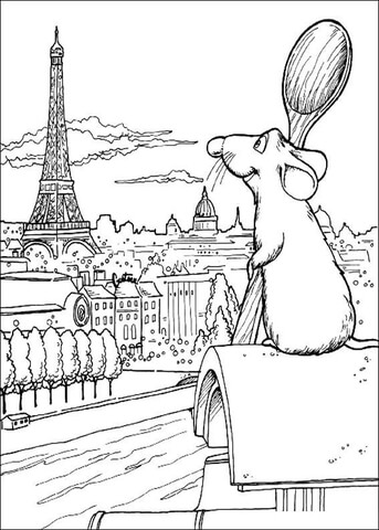 Sitting on the roof of a Parisian mansion, Remy dreams of becoming a chef. Eiffel tower is on the horizon. Coloring page