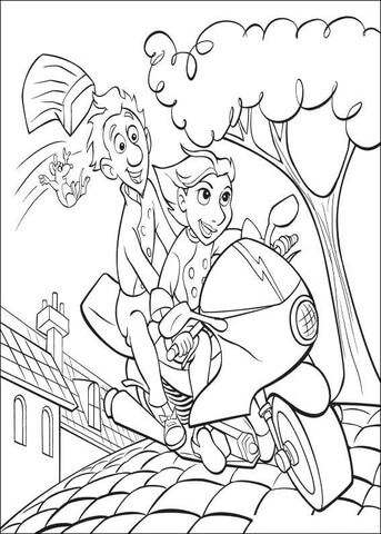 Colette and Alfredo driving on the motobike along the street of Paris Coloring page