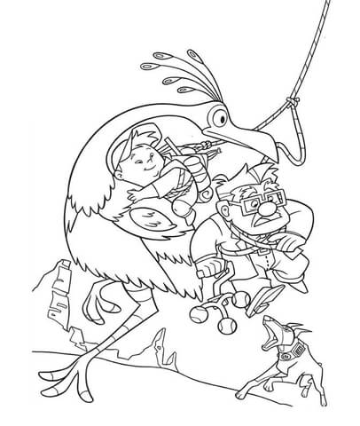 The bird is saving Carl and Russell From Dogs  Coloring page