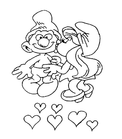 Sassette Smurfette is kissing a Smurf  Coloring page