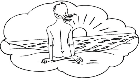 A girl on the beach enjoys a warm wind, a bright sun and a calm sea Coloring page