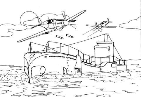 Submarine is attacked by fighter aircrafts Coloring page