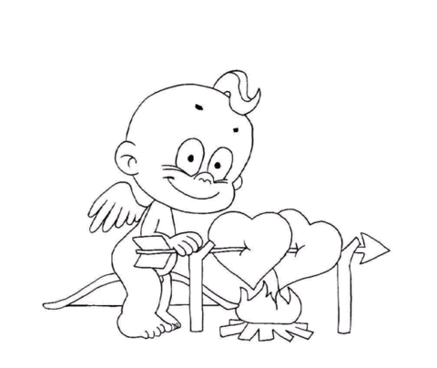 A cupid is warming the hearts  Coloring page