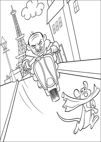 Health Inspector is chasing Remy on the Parisian street. Eiffel Tower is behind him.  Coloring page