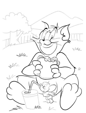 Tom is eating a Sandwich And Jerry is drinking a Cocktail  Coloring page