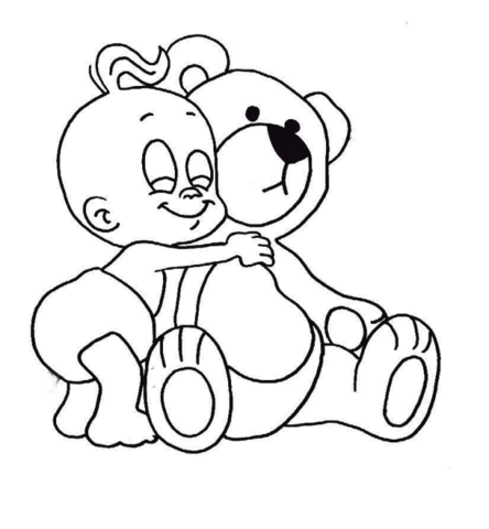 A baby is hugging teddy bear Coloring page