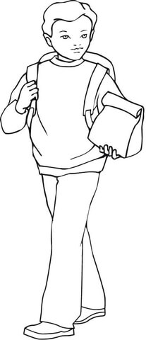 A Boy Carrying His Lunch and Backpack Coloring page