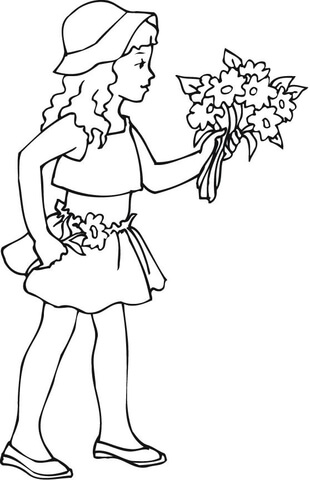 A Girl Holding a Bouquet of Flowers Coloring page