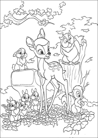 Bambi, Owl, Thumper And Flower  Coloring page