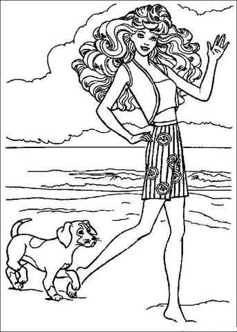 Barbie walks with dogs  Coloring page