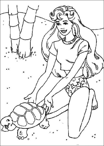 Barbie plays with turtle Coloring page