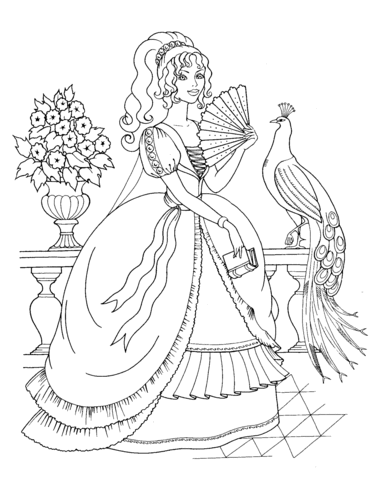 Beautiful Princess and Peacock Coloring page