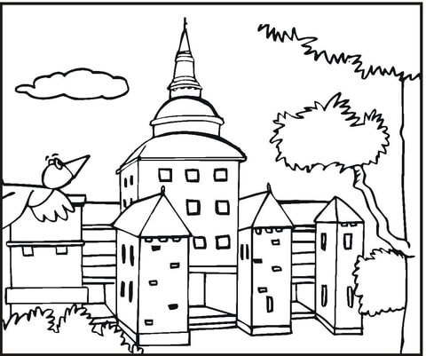 Bird Is Flying To Big Mansion  Coloring page