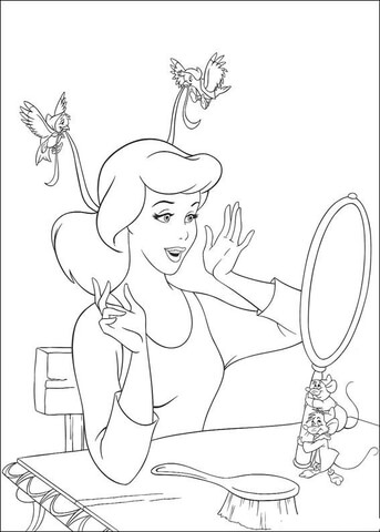 Birds Help Cinderella To Make Her Ribbon  Coloring page