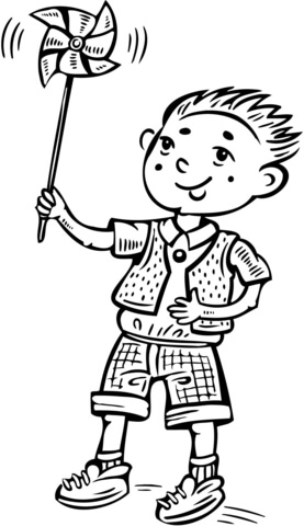 Boy Playing with a Toy Windmill Coloring page