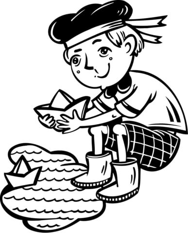 Boy Playing with Boats in a Puddle Coloring page