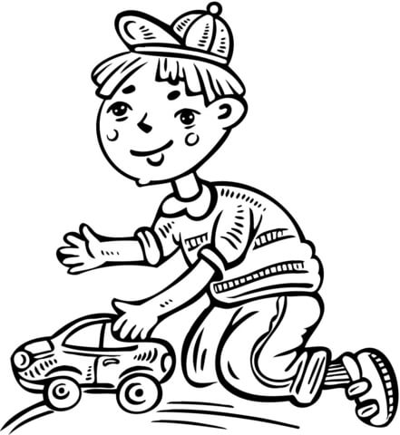 Boy Playing with His Toy Car Coloring page