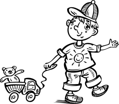 Boy Playing with His Toy Truck Coloring page