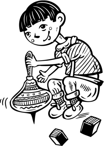 Boy Playing with Spinning Tops Coloring page