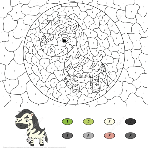 Cartoon Zebra Color by Number Coloring page