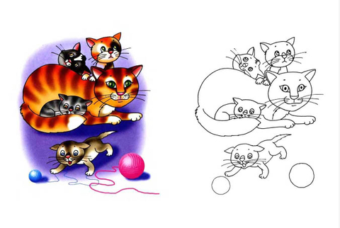 Cat And Kittens Coloring page