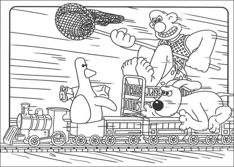 Wallace and Gromit are Chasing the penguin Feathers McGraw Coloring page