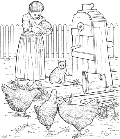 Chickens at barnyard  Coloring page