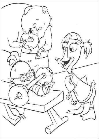 Chicken Little is building muscles with a barbell Coloring page