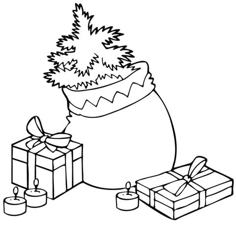 Christmas Bag with a Tree  Gifts and Candles Coloring page