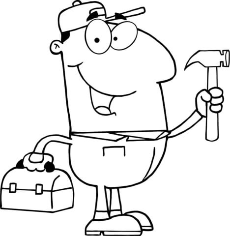 Construction Worker with Hammer and Tool Box Coloring page