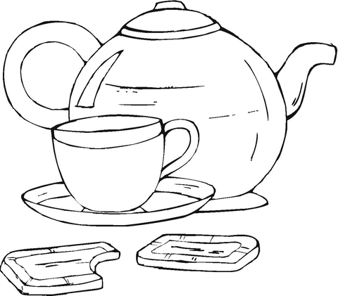 Teapot and Cup Of Tea with cookies Coloring page