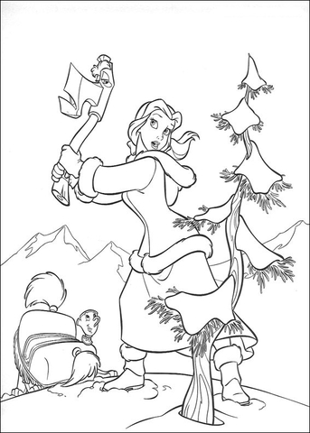 Princess Belle cuts a tree Coloring page