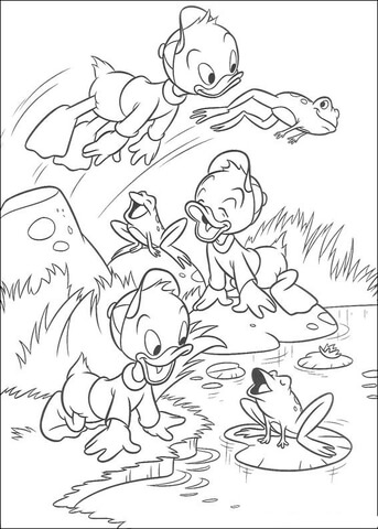 Huey Duck, Dewey Duck, Louie Duck and a frog Coloring page