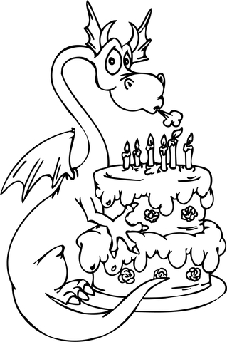 Dragon with Happy Birthday Cake Coloring page