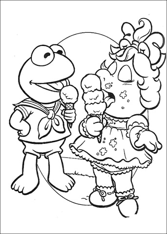 Baby Kermit and Miss Piggy  are Eating Ice Cream Coloring page